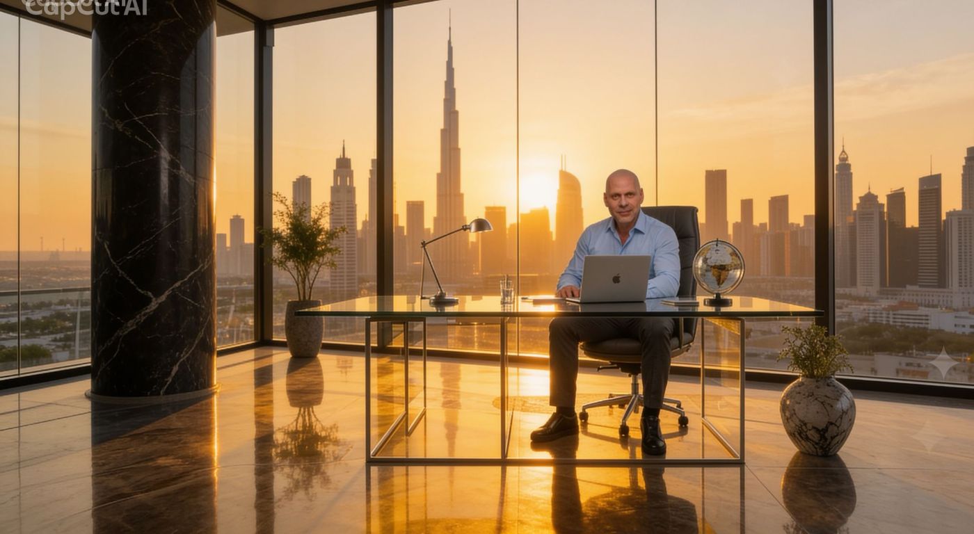 Roberto Manzi alla scrivania nei suoi uffici con lo skyline di Dubai